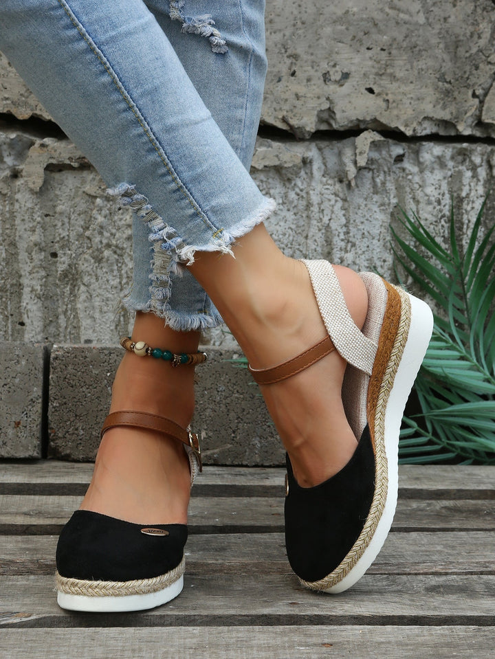 Lola | Espadrilles Compensées Femme Daim Marron Bride Cheville