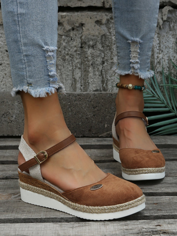 Lola | Espadrilles Compensées Femme Daim Marron Bride Cheville