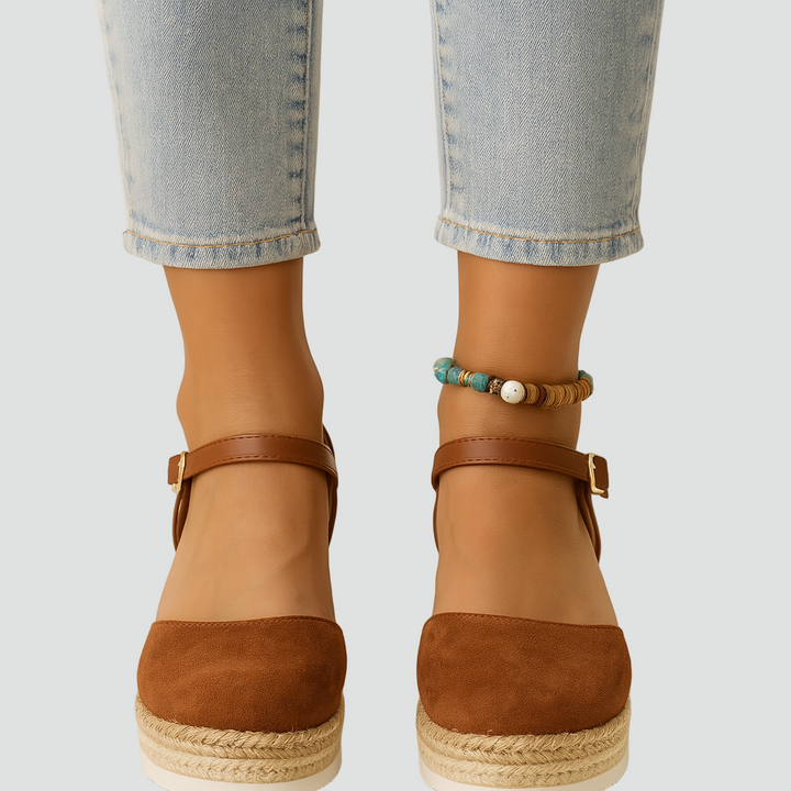 Lola | Espadrilles Compensées Femme Daim Marron Bride Cheville