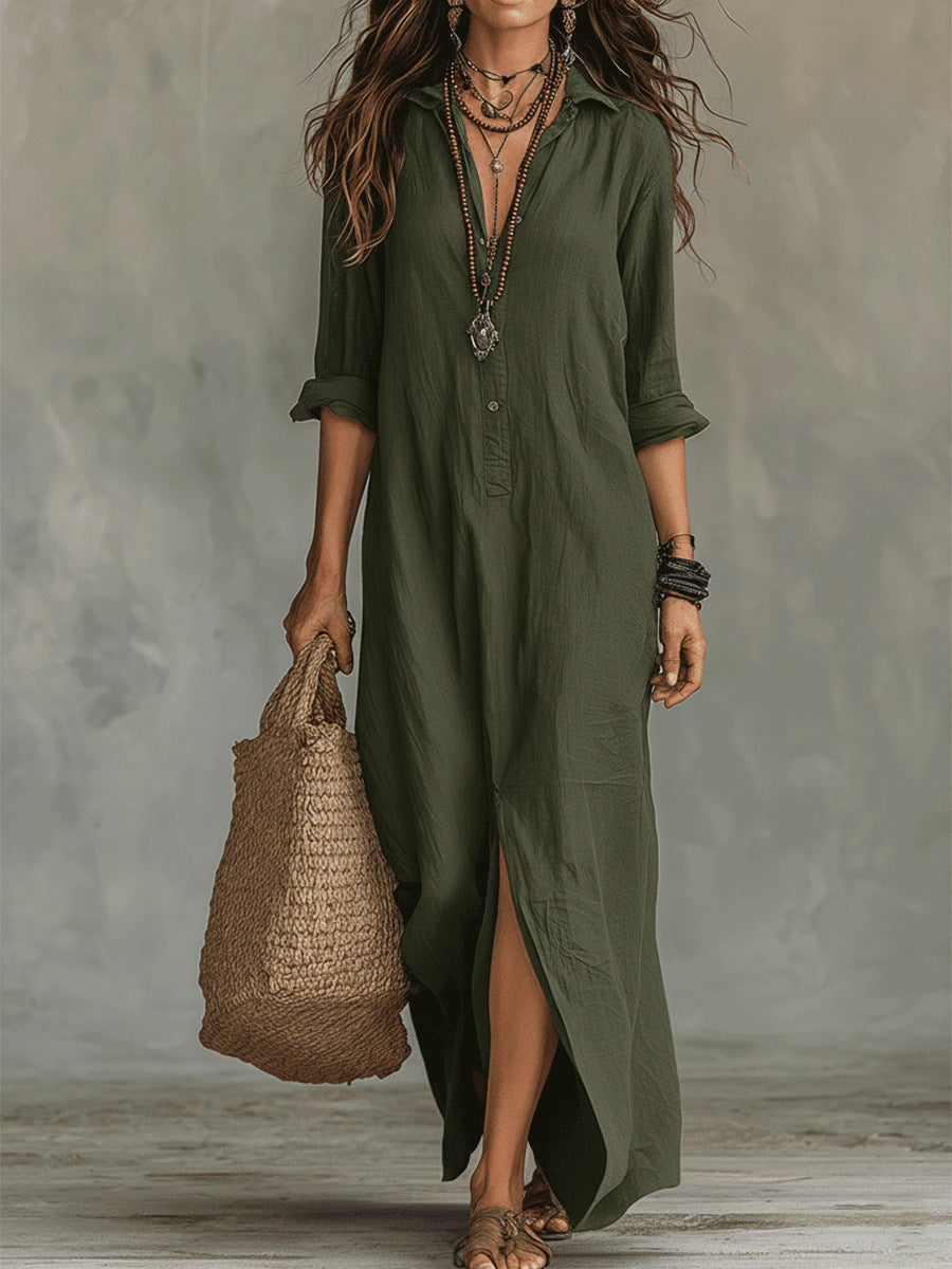 Lola | Robe Chemise Maxi Noire Boutonnée Manches Longues