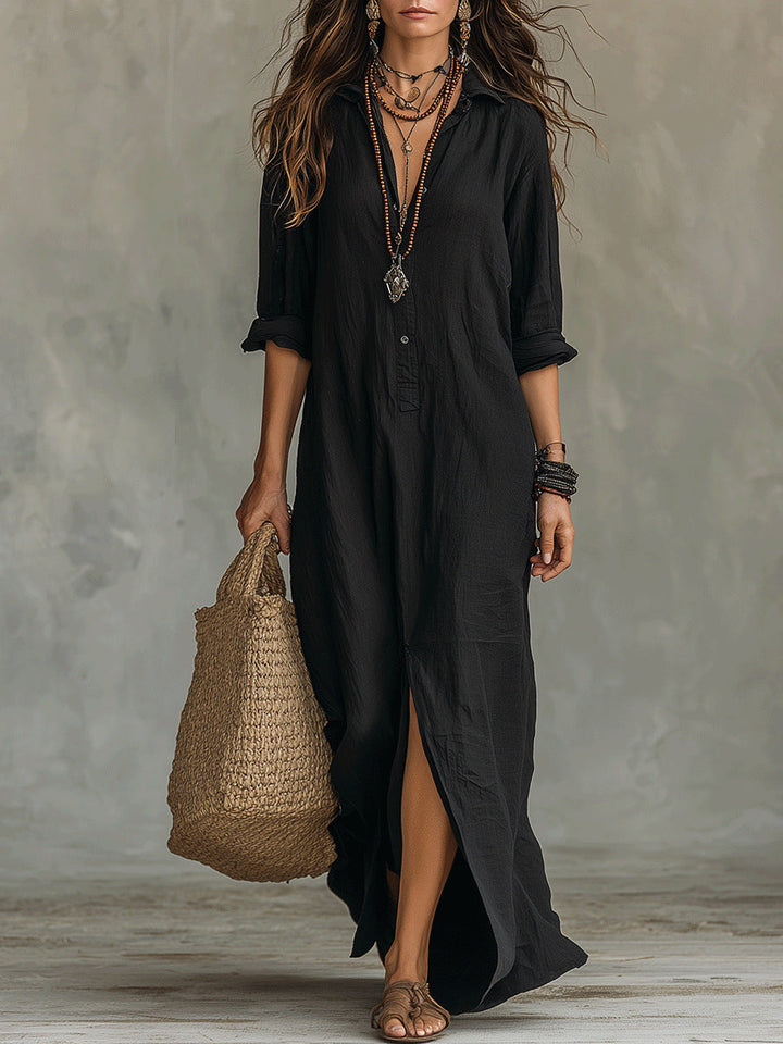 Lola | Robe Chemise Maxi Noire Boutonnée Manches Longues