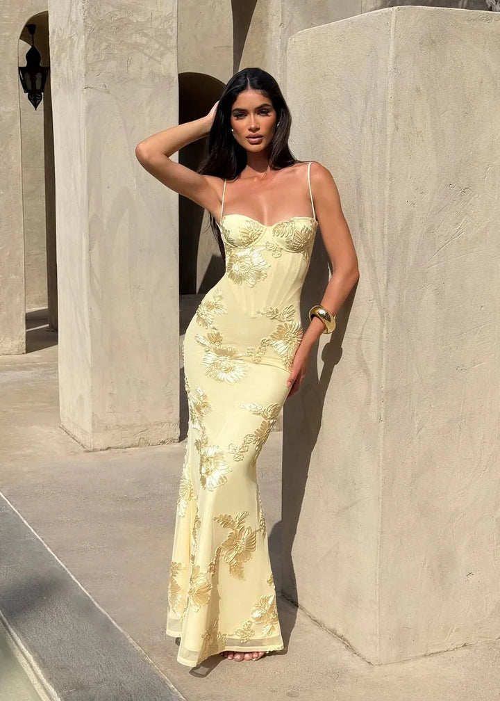 Lola | Robe Midi Corset Broderie Florale Dorée