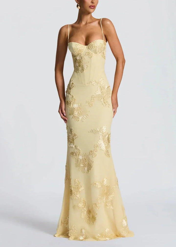 Lola | Robe Midi Corset Broderie Florale Dorée