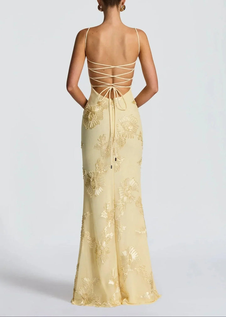 Lola | Robe Midi Corset Broderie Florale Dorée