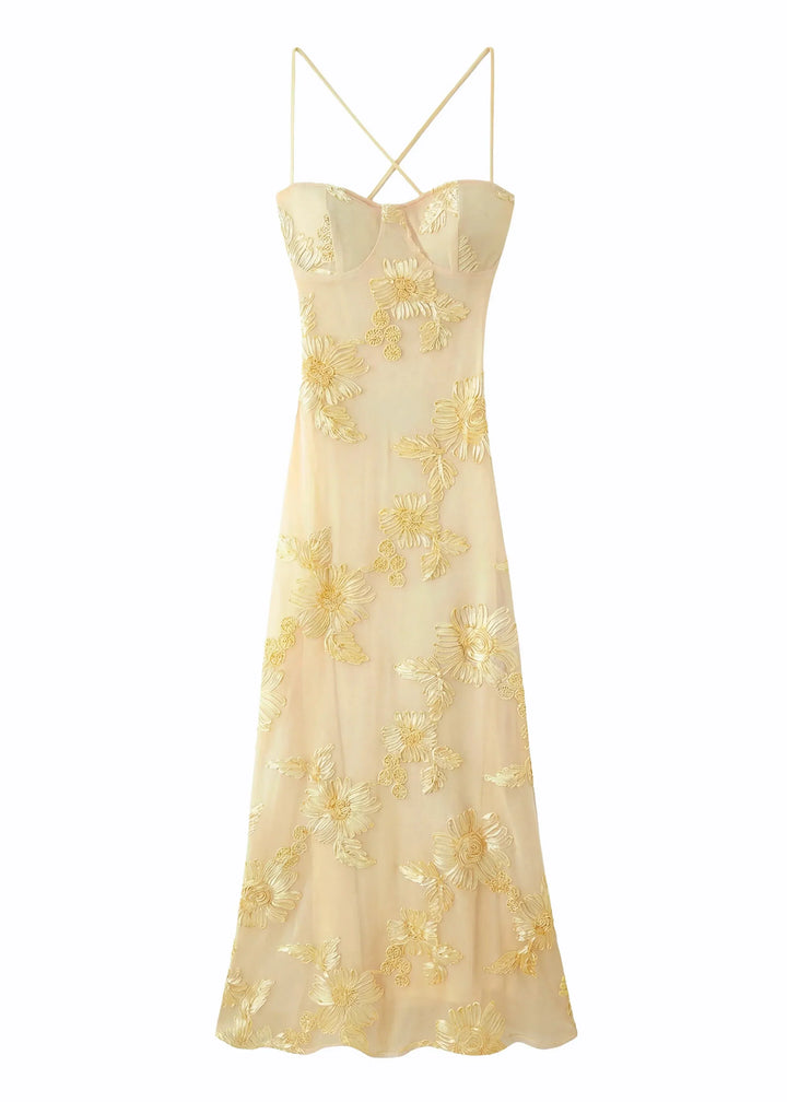 Lola | Robe Midi Corset Broderie Florale Dorée