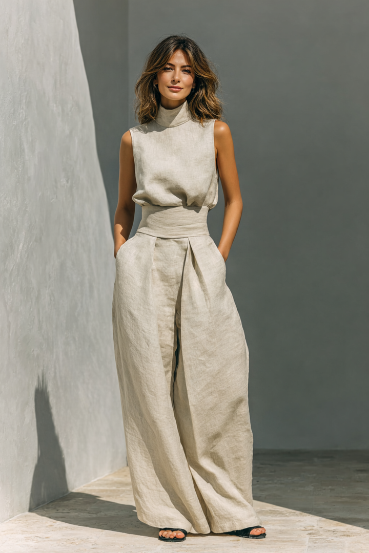 Louise | Ensemble Pantalon Large Femme Lin Bleu