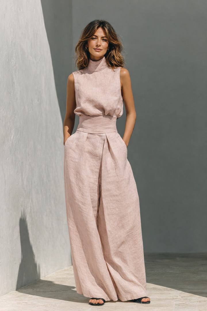 Louise | Ensemble Pantalon Large Femme Lin Bleu