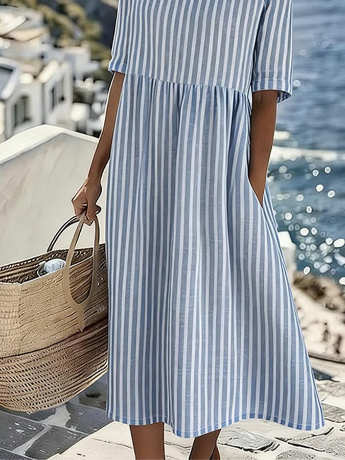 Louise | Robe Femme Rayée Midi Manches Courtes