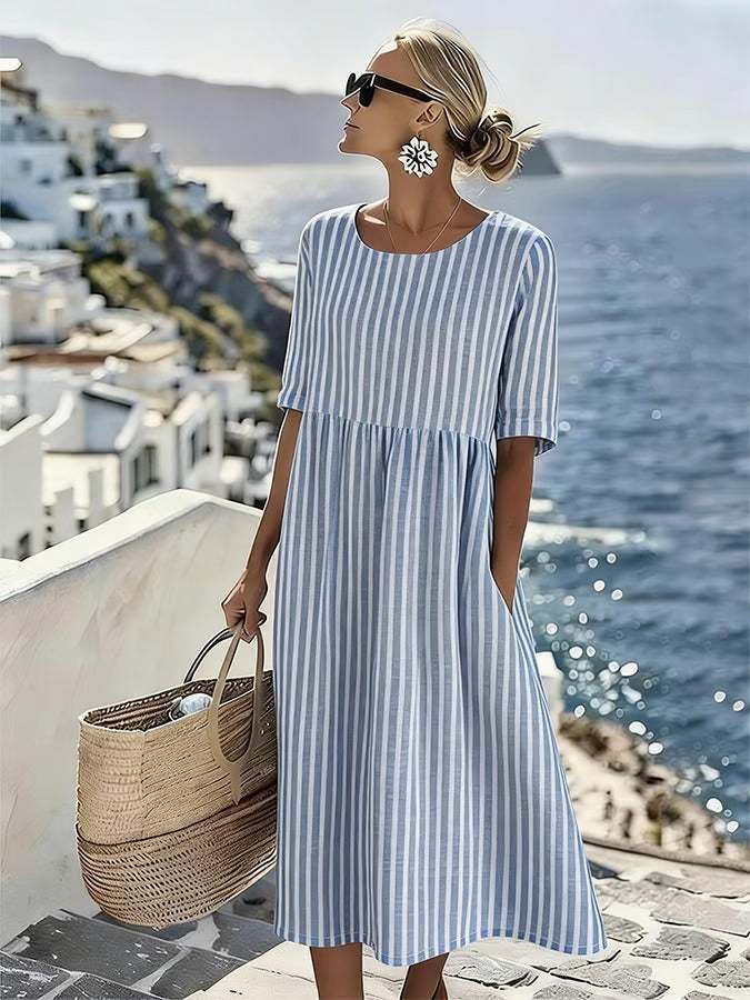 Louise | Robe Femme Rayée Midi Manches Courtes