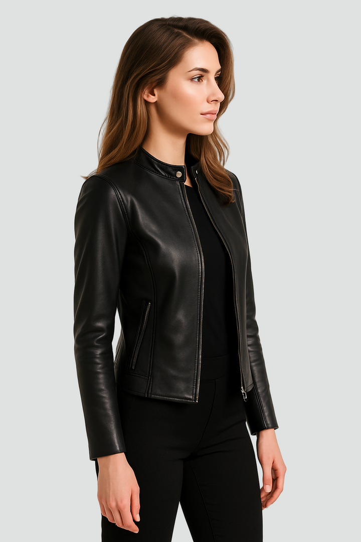 Louise | Veste Cuir Noir Femme Zippée Manches Longues