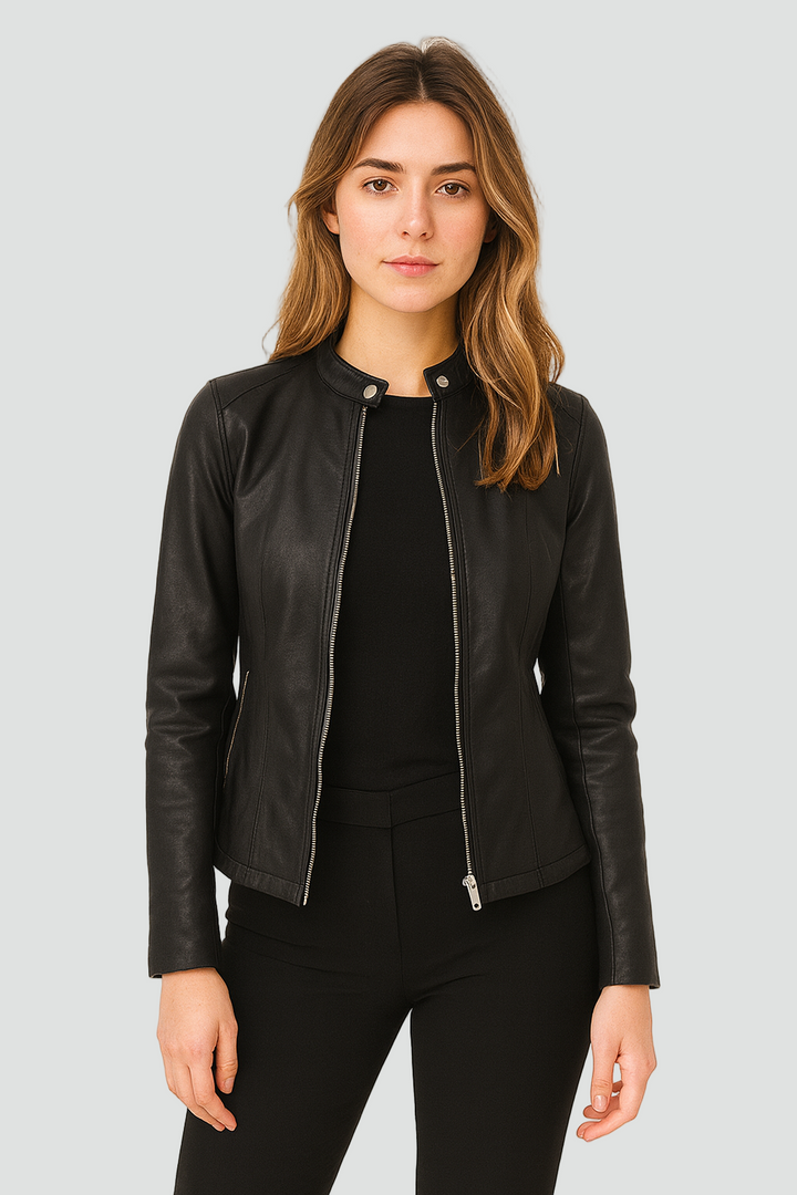 Louise | Veste Cuir Noir Femme Zippée Manches Longues