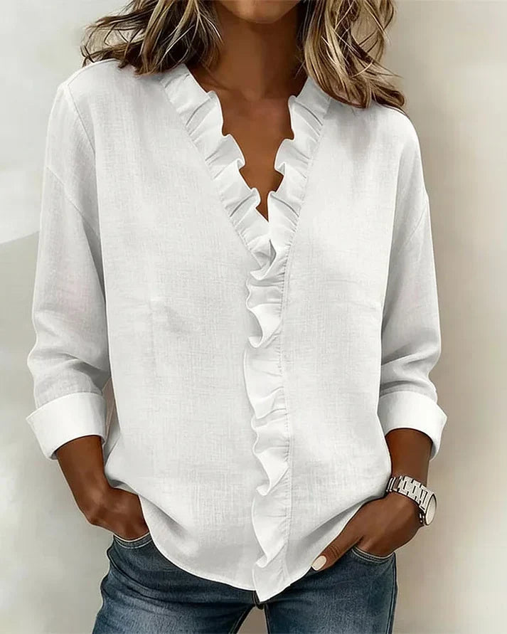 Lucie | Blouse Femme en Lin Rose Col V Manches Longues
