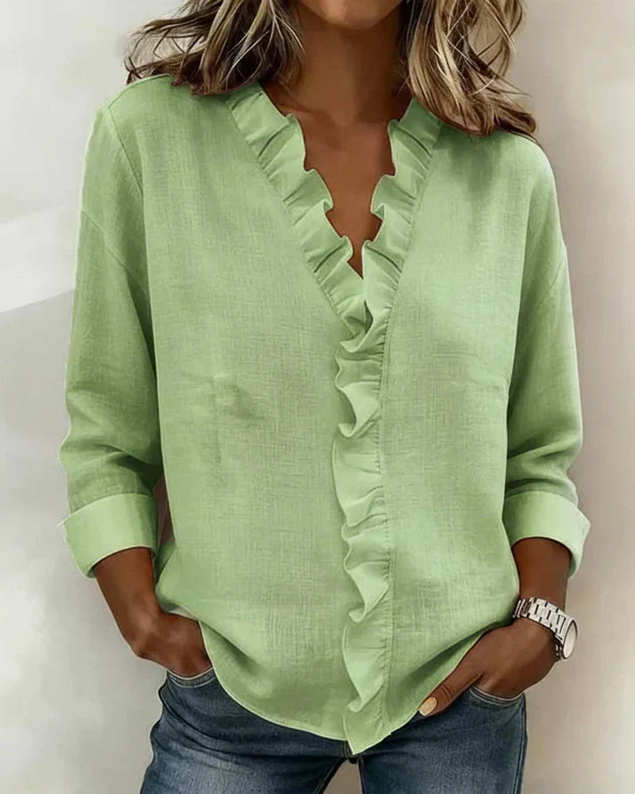 Lucie | Blouse Femme en Lin Rose Col V Manches Longues