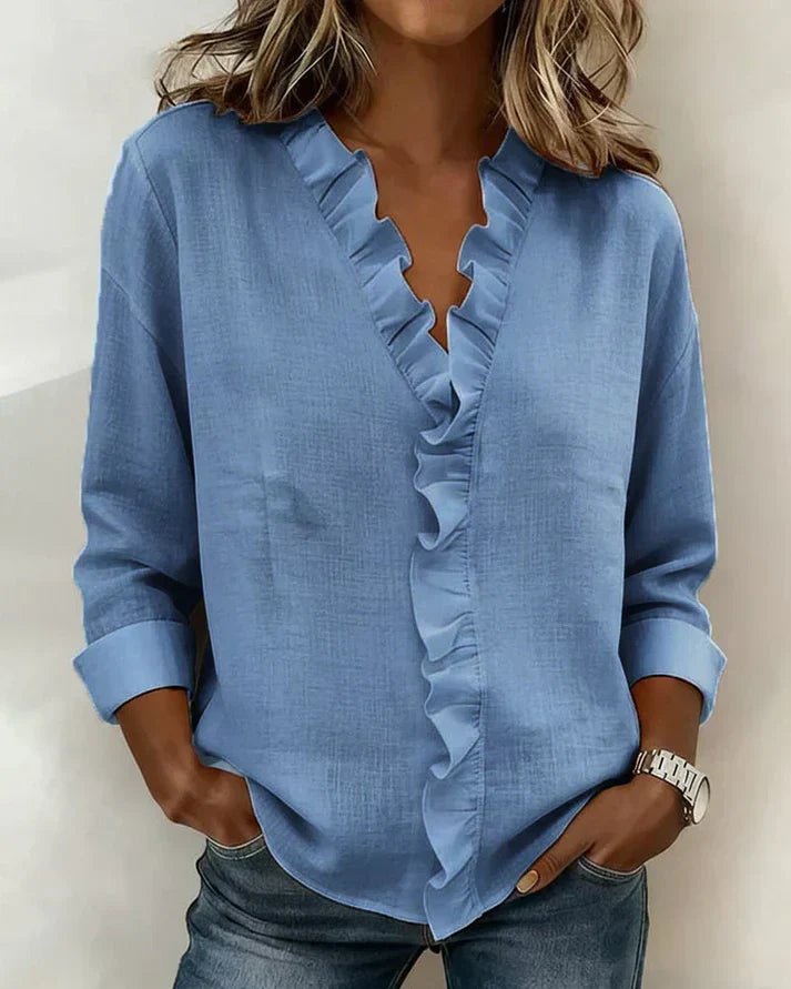 Lucie | Blouse Femme en Lin Rose Col V Manches Longues