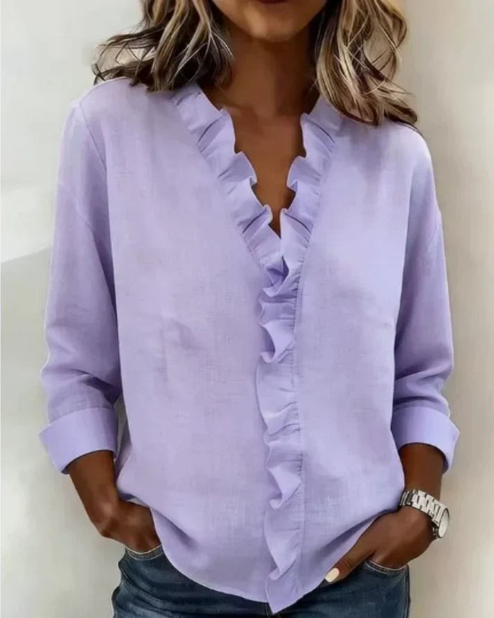 Lucie | Blouse Femme en Lin Rose Col V Manches Longues