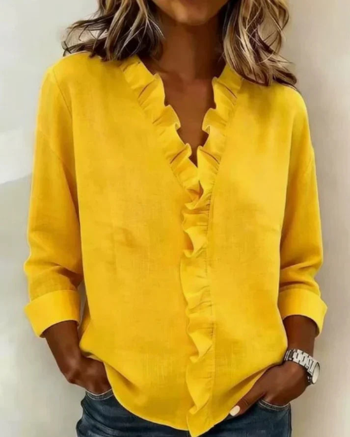 Lucie | Blouse Femme en Lin Rose Col V Manches Longues