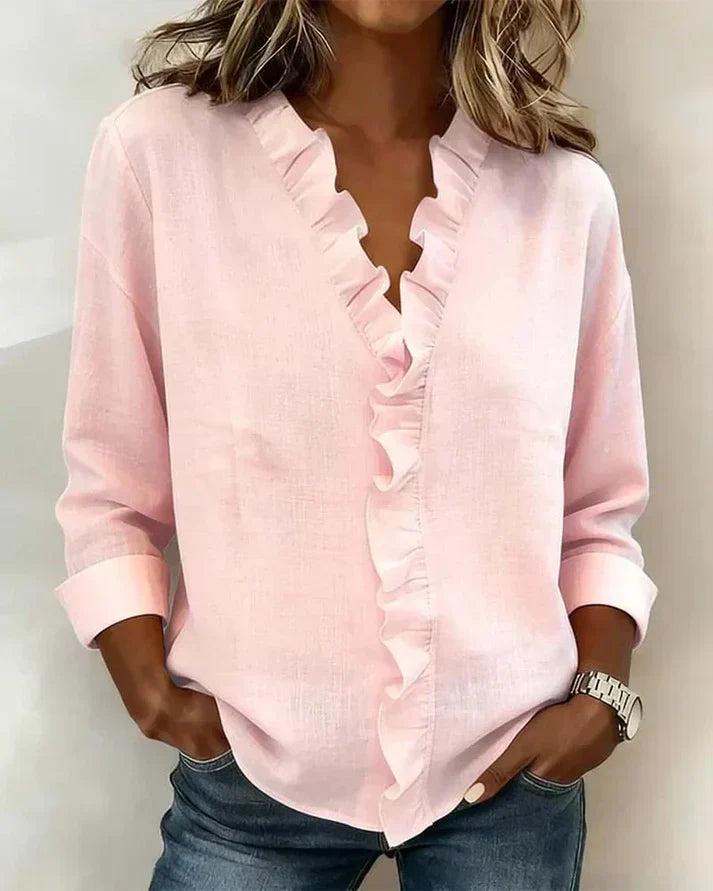 Lucie | Blouse Femme en Lin Rose Col V Manches Longues