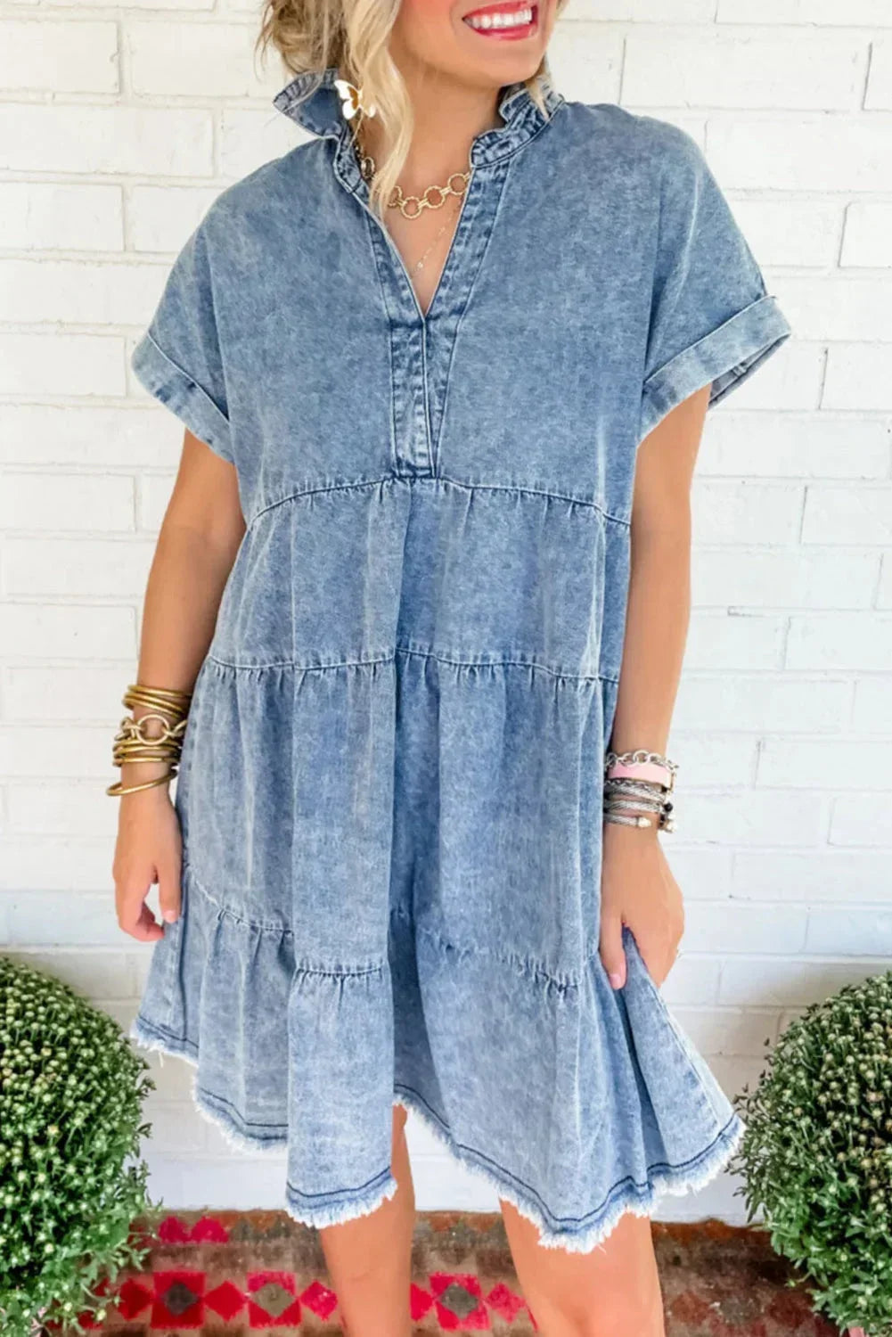 Lucie | Robe Femme Denim Lavé Évasée à Niveaux