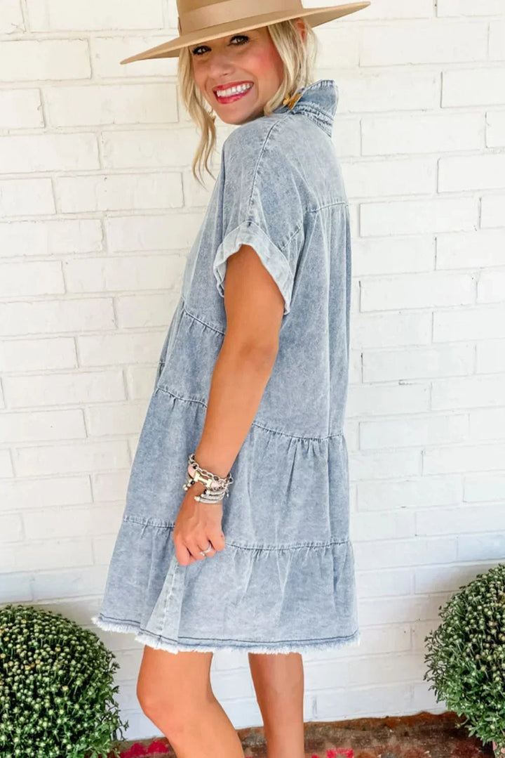 Lucie | Robe Femme Denim Lavé Évasée à Niveaux