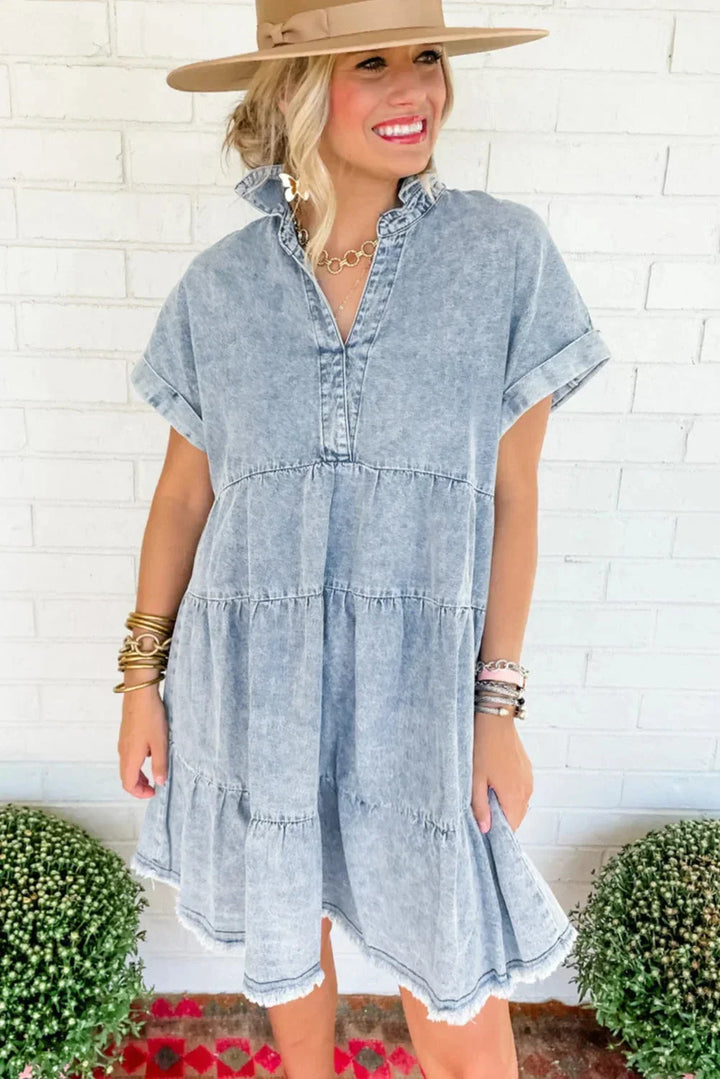 Lucie | Robe Femme Denim Lavé Évasée à Niveaux