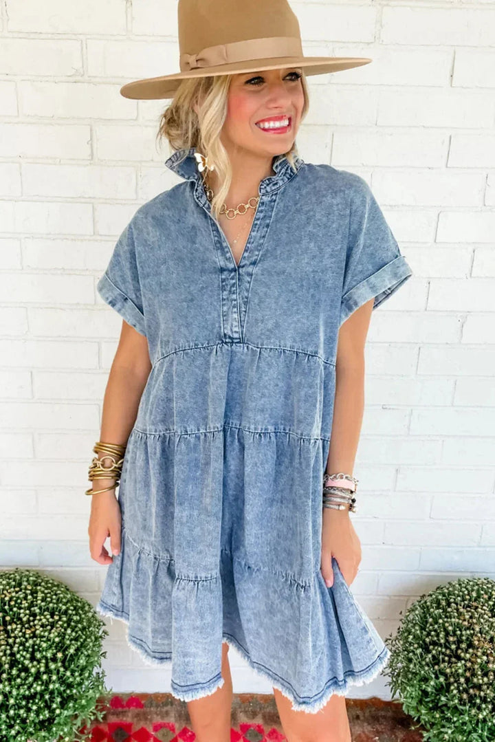 Lucie | Robe Femme Denim Lavé Évasée à Niveaux