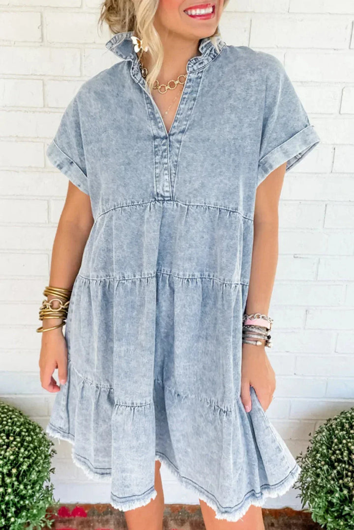 Lucie | Robe Femme Denim Lavé Évasée à Niveaux