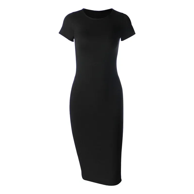 Lucie | Robe Fourreau Midi Noire Manche Courte
