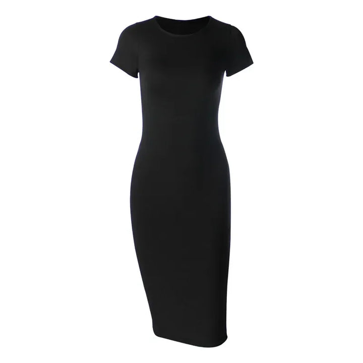 Lucie | Robe Fourreau Midi Noire Manche Courte