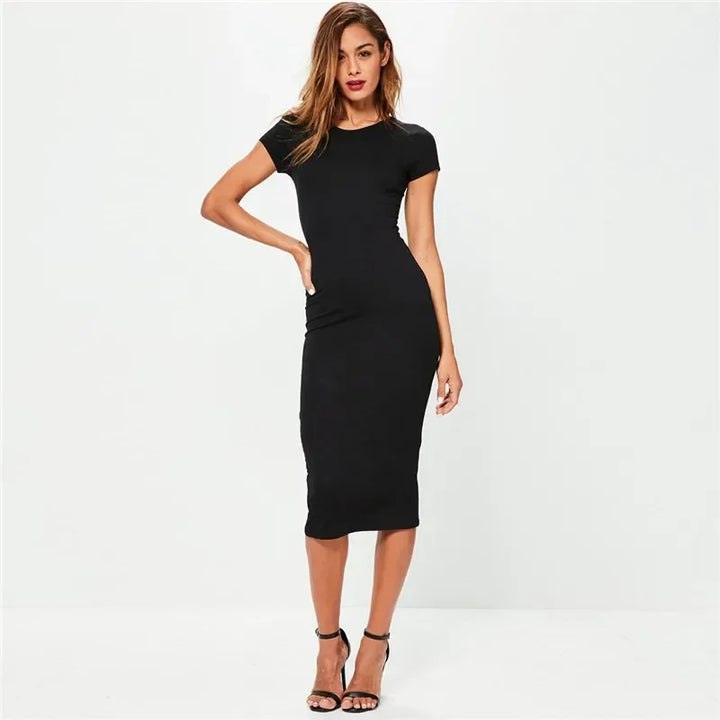 Lucie | Robe Fourreau Midi Noire Manche Courte