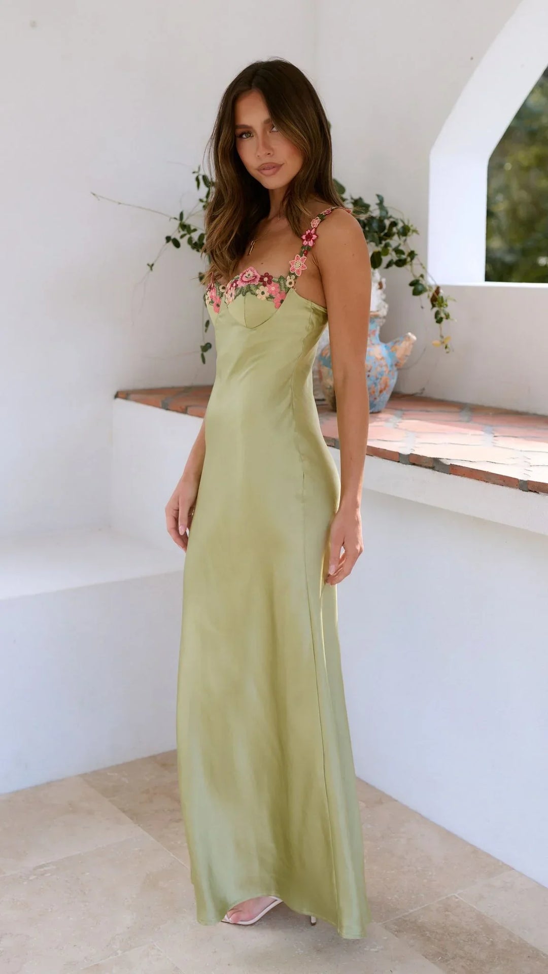 Lucie | Robe Maxi Satin Bustier Fleurs