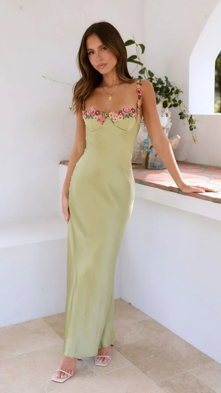 Lucie | Robe Maxi Satin Bustier Fleurs