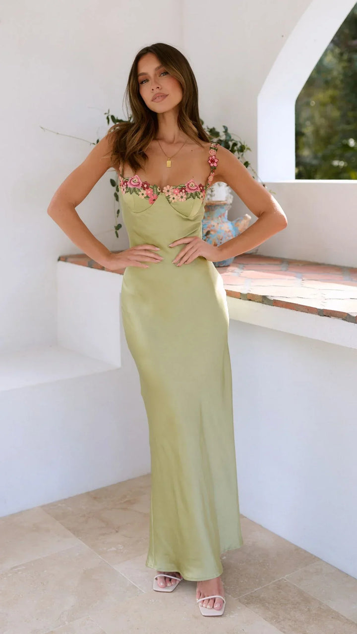 Lucie | Robe Maxi Satin Bustier Fleurs