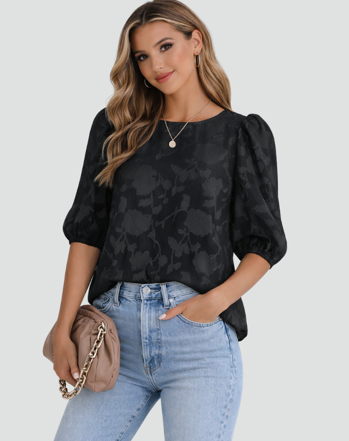 Manon | Blouse Femme Blanche Fleurie Manches Bouffantes