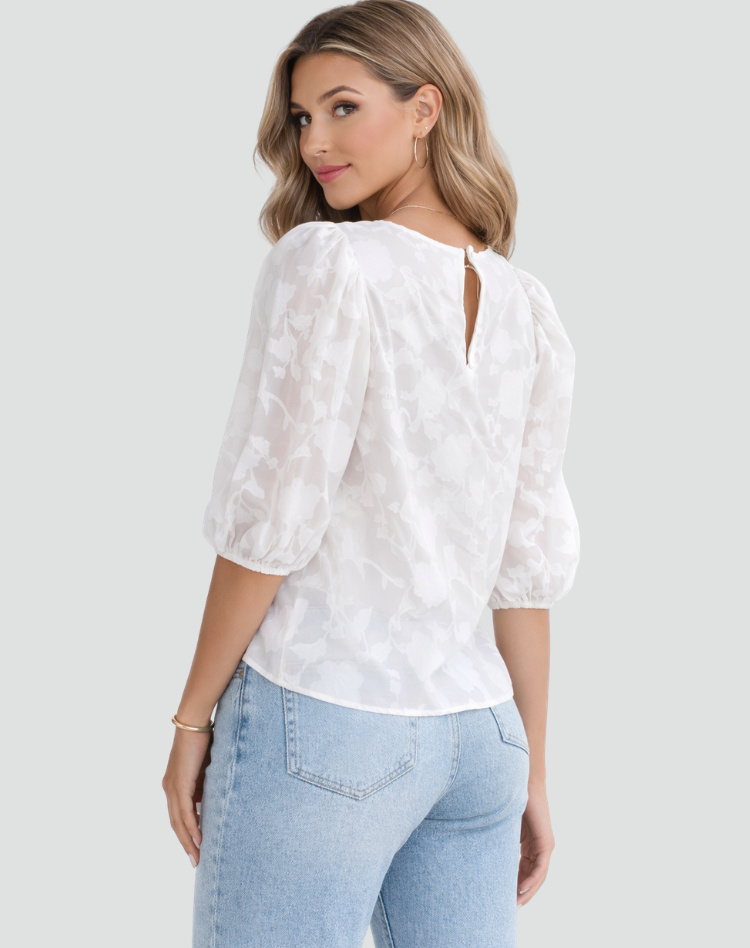 Manon | Blouse Femme Blanche Fleurie Manches Bouffantes