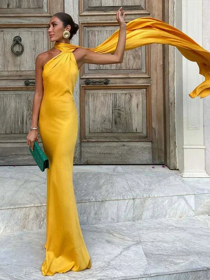 Manon | Robe de Soirée Longue Jaune Halter