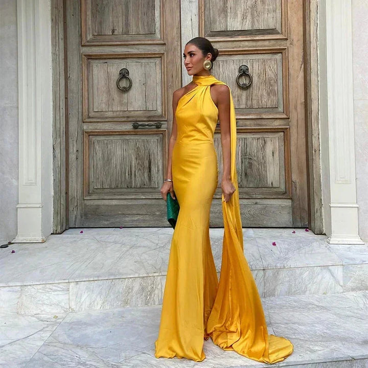 Manon | Robe de Soirée Longue Jaune Halter