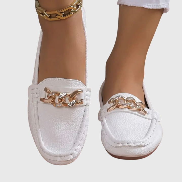 Margot | Mocassin Femme Blanc Chaîne Dorée