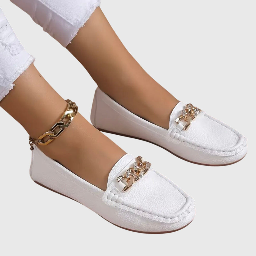Margot | Mocassin Femme Blanc Chaîne Dorée