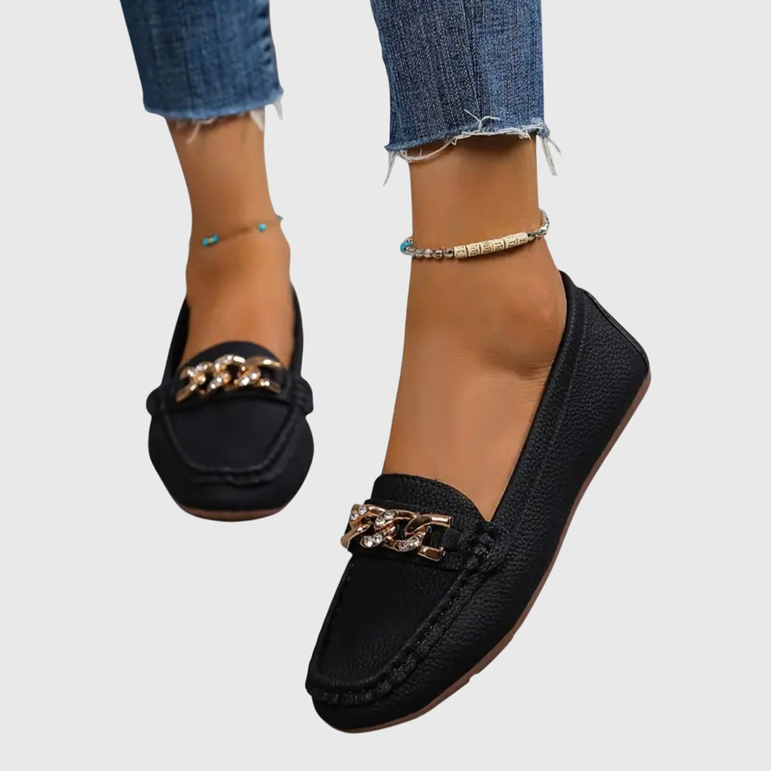 Margot | Mocassin Femme Blanc Chaîne Dorée