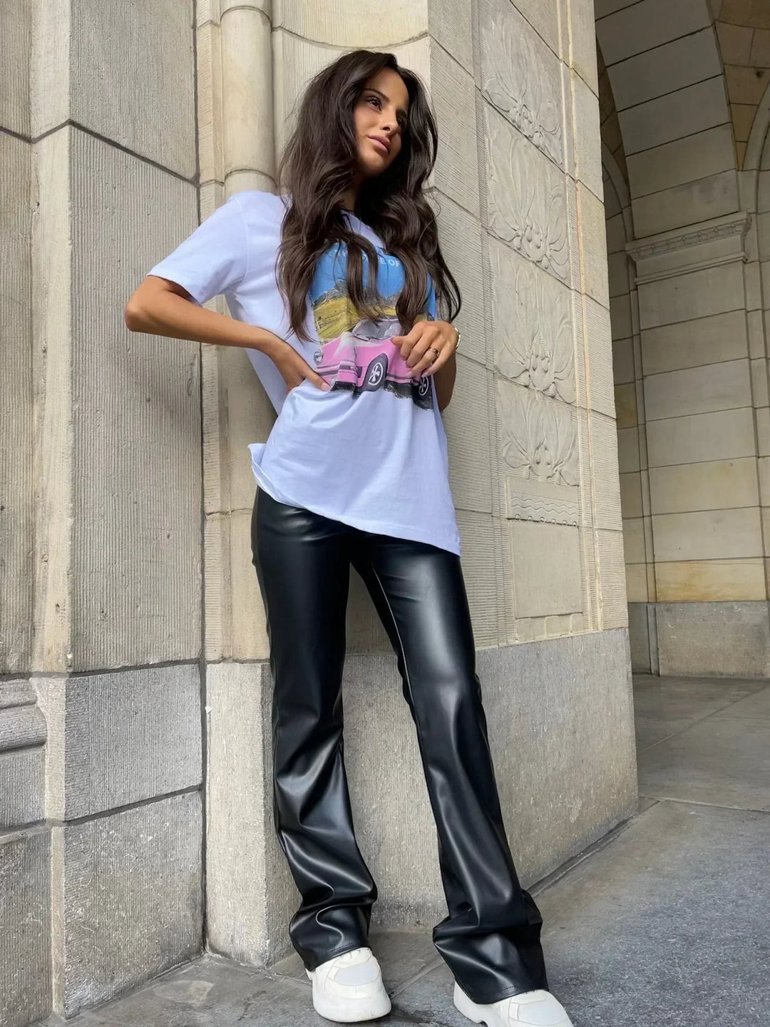 Margot | Pantalon Simili Cuir Taille Haute Évasé