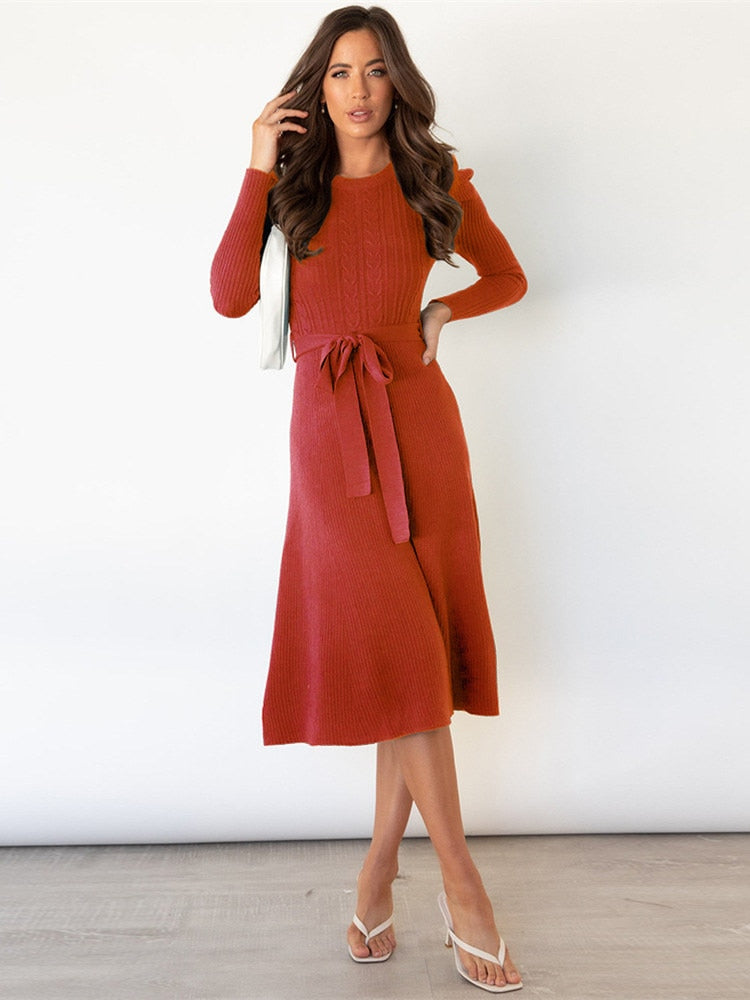 Margot | Robe Midi Maille Torsadée Manches Longues