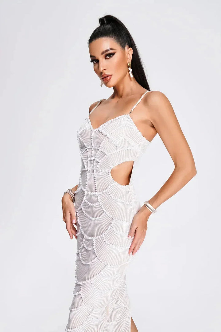 Margot | Robe Midi Perles Découpes Soirée Mariage