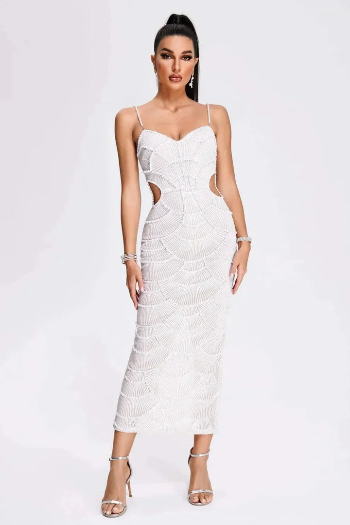 Margot | Robe Midi Perles Découpes Soirée Mariage