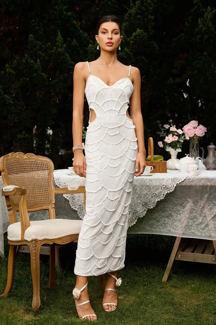 Margot | Robe Midi Perles Découpes Soirée Mariage