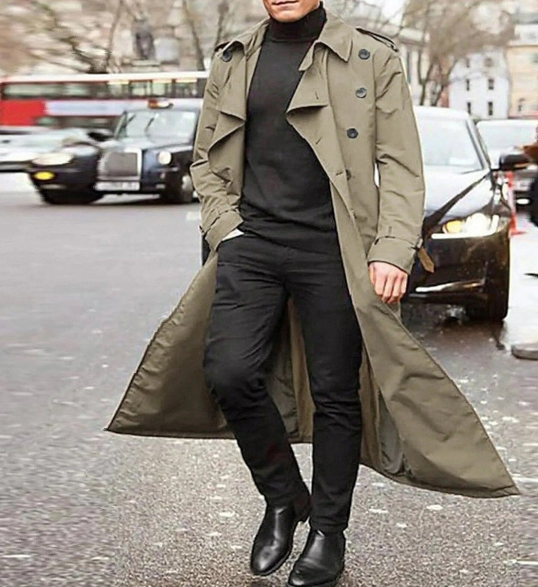 Mathieu | Trench Long Noir Homme Double Boutonnage