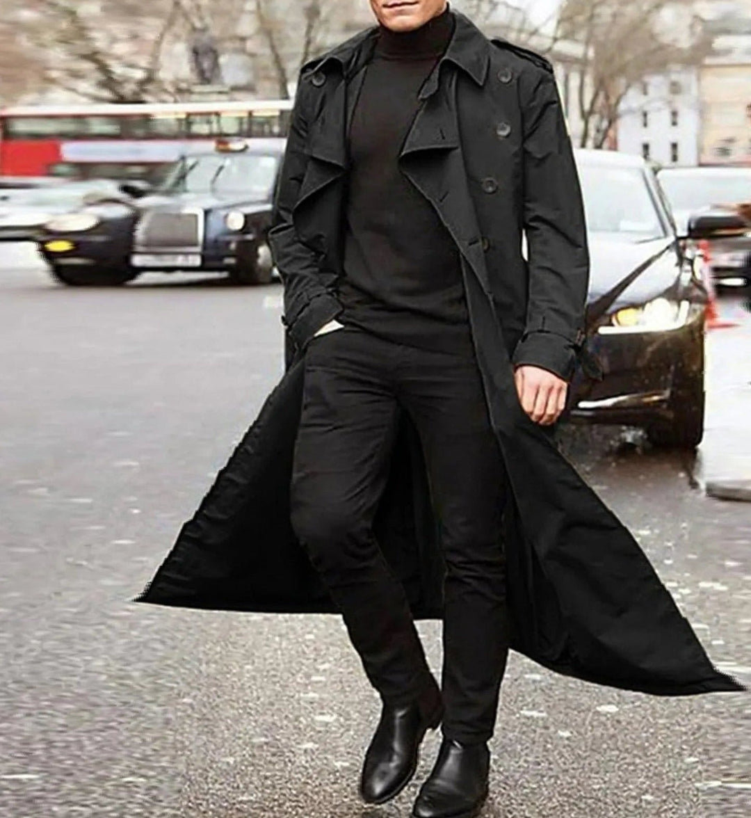 Mathieu | Trench Long Noir Homme Double Boutonnage