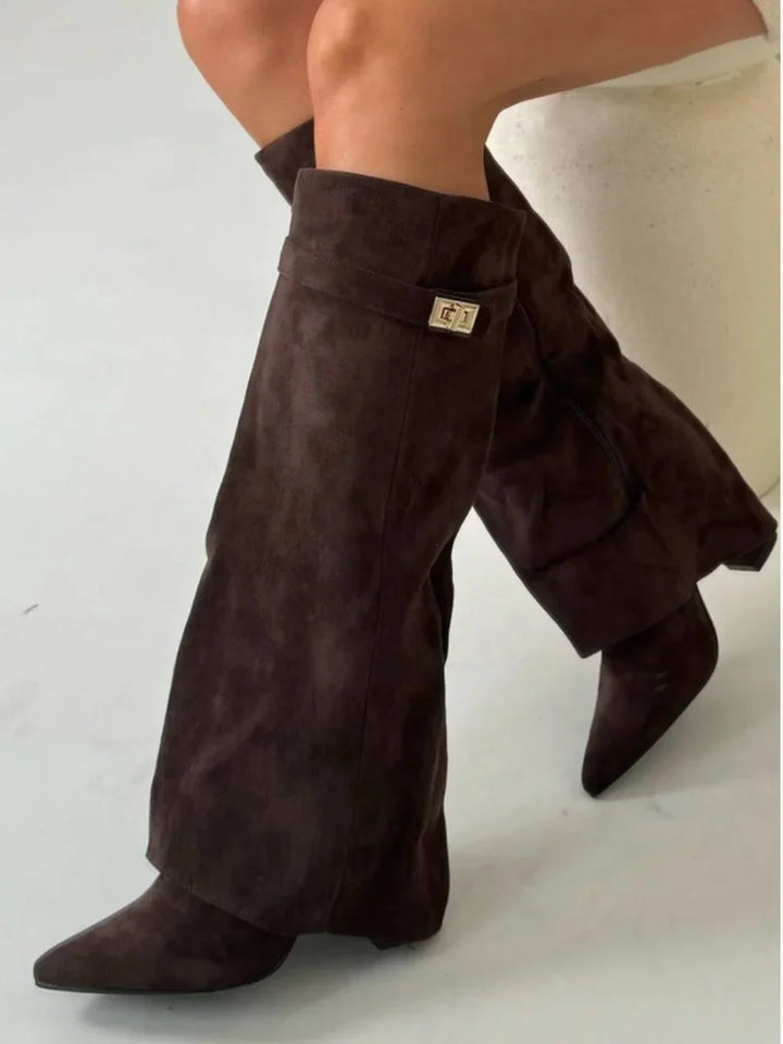 Mathilde | Bottes Femme Daim Noir Bout Pointu Talon Cône