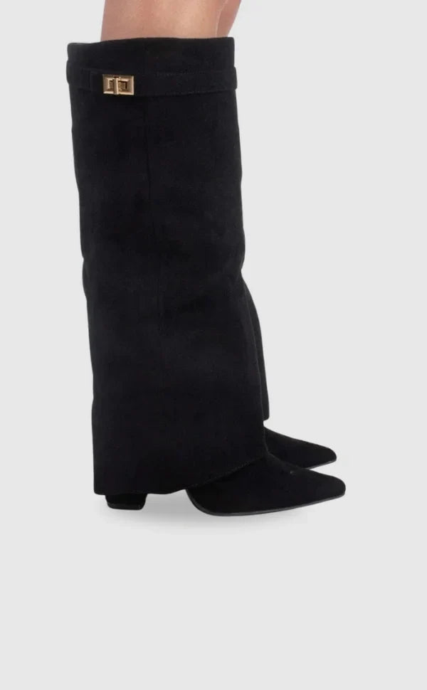 Mathilde | Bottes Femme Daim Noir Bout Pointu Talon Cône