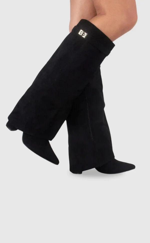 Mathilde | Bottes Femme Daim Noir Bout Pointu Talon Cône