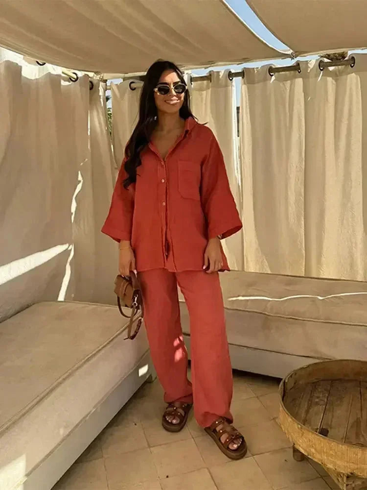 Mathilde | Ensemble Lin Femme Chemise Pantalon Large